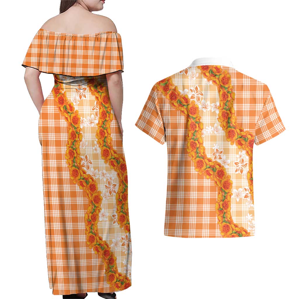 Orange Hawaii Palaka Couples Matching Off Shoulder Maxi Dress and Hawaiian Shirt Hawaiian Ilima Lei LT05 - Polynesian Pride