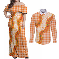 Orange Hawaii Palaka Couples Matching Off Shoulder Maxi Dress and Long Sleeve Button Shirt Hawaiian Ilima Lei