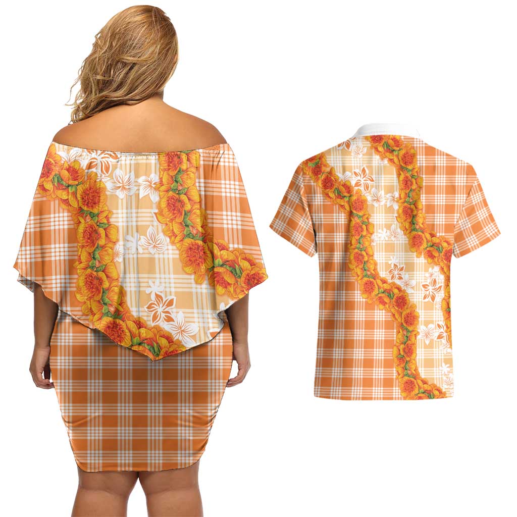 Orange Hawaii Palaka Couples Matching Off Shoulder Short Dress and Hawaiian Shirt Hawaiian Ilima Lei LT05 - Polynesian Pride