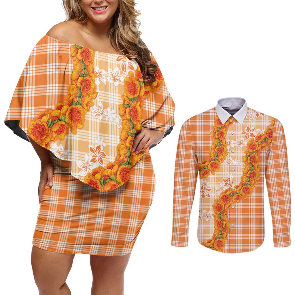 Orange Hawaii Palaka Couples Matching Off Shoulder Short Dress and Long Sleeve Button Shirt Hawaiian Ilima Lei