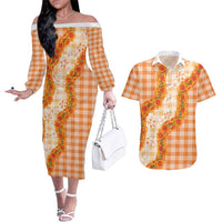 Orange Hawaii Palaka Couples Matching Off The Shoulder Long Sleeve Dress and Hawaiian Shirt Hawaiian Ilima Lei LT05 Orange - Polynesian Pride