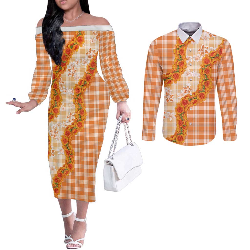 Orange Hawaii Palaka Couples Matching Off The Shoulder Long Sleeve Dress and Long Sleeve Button Shirt Hawaiian Ilima Lei LT05 Orange - Polynesian Pride