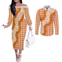 Orange Hawaii Palaka Couples Matching Off The Shoulder Long Sleeve Dress and Long Sleeve Button Shirt Hawaiian Ilima Lei LT05 Orange - Polynesian Pride