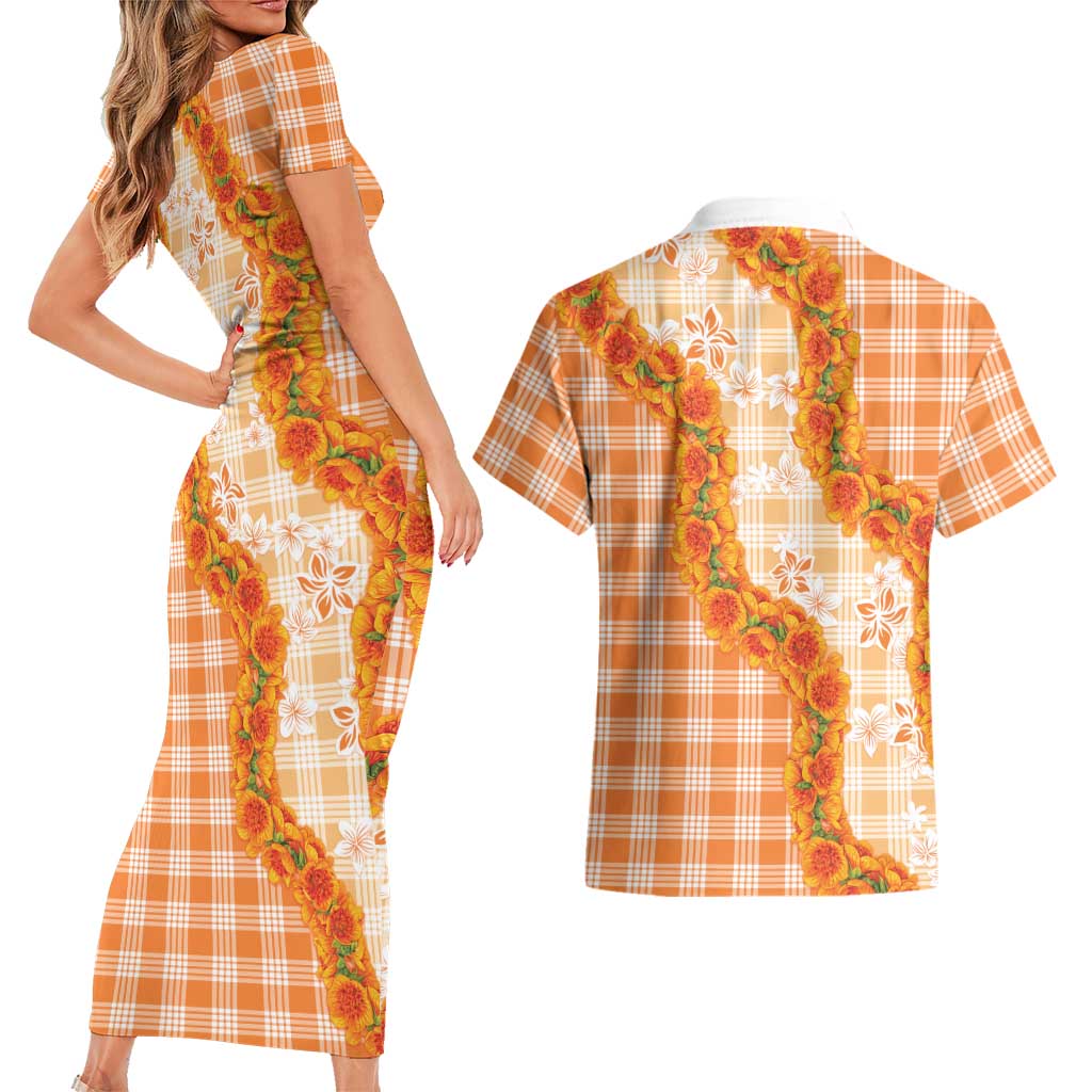 Orange Hawaii Palaka Couples Matching Short Sleeve Bodycon Dress and Hawaiian Shirt Hawaiian Ilima Lei LT05 - Polynesian Pride