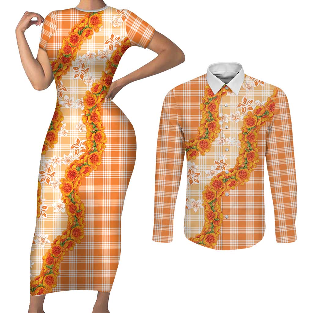 Orange Hawaii Palaka Couples Matching Short Sleeve Bodycon Dress and Long Sleeve Button Shirt Hawaiian Ilima Lei LT05 Orange - Polynesian Pride
