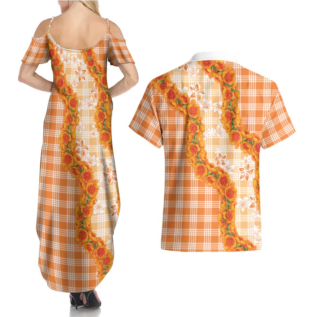 Orange Hawaii Palaka Couples Matching Summer Maxi Dress and Hawaiian Shirt Hawaiian Ilima Lei