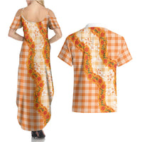 Orange Hawaii Palaka Couples Matching Summer Maxi Dress and Hawaiian Shirt Hawaiian Ilima Lei