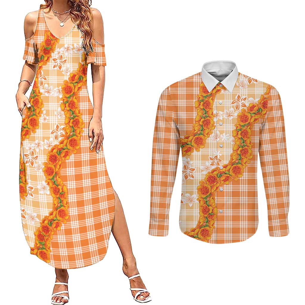 Orange Hawaii Palaka Couples Matching Summer Maxi Dress and Long Sleeve Button Shirt Hawaiian Ilima Lei