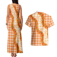 Orange Hawaii Palaka Couples Matching Tank Maxi Dress and Hawaiian Shirt Hawaiian Ilima Lei LT05 - Polynesian Pride