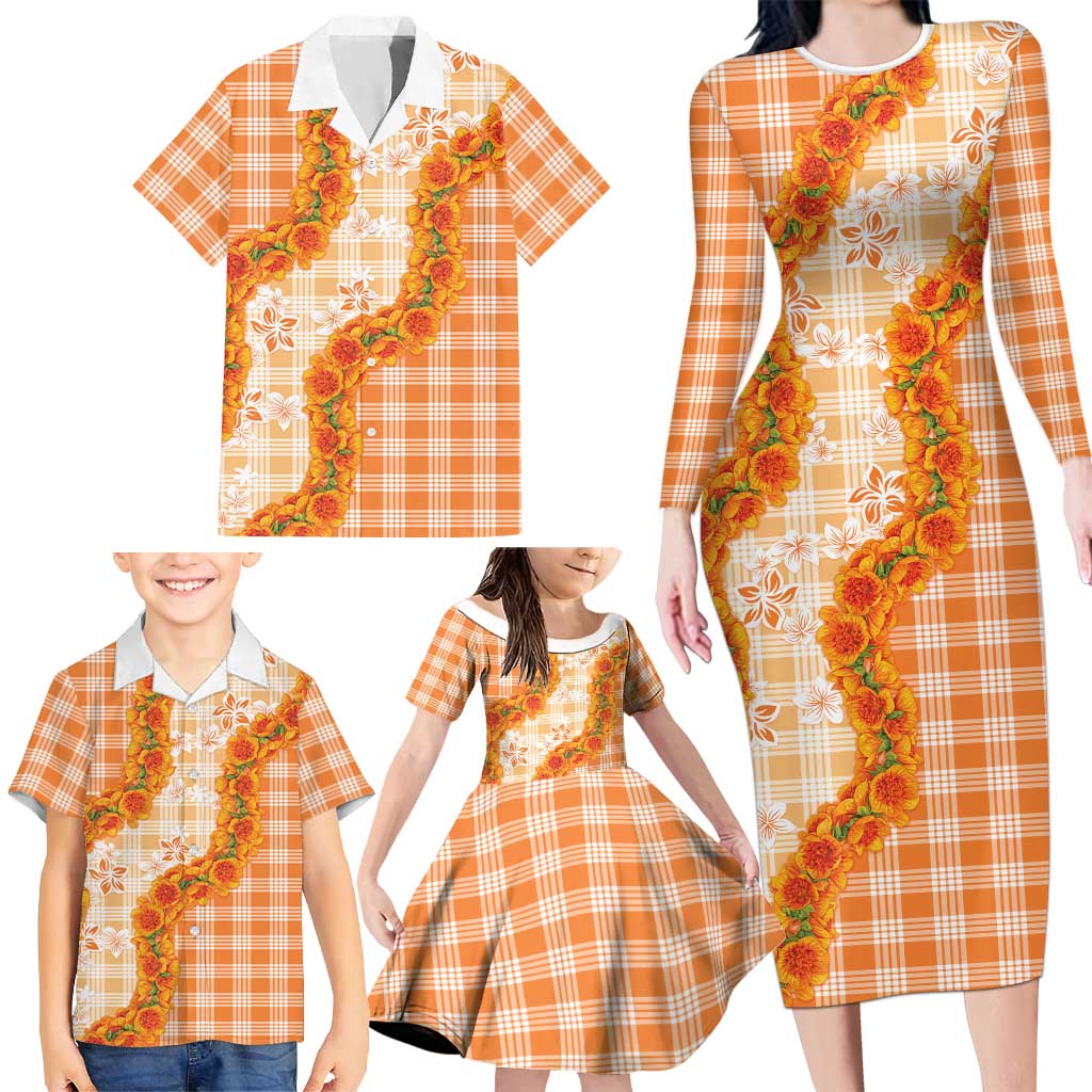 Orange Hawaii Palaka Family Matching Long Sleeve Bodycon Dress and Hawaiian Shirt Hawaiian Ilima Lei LT05 - Polynesian Pride