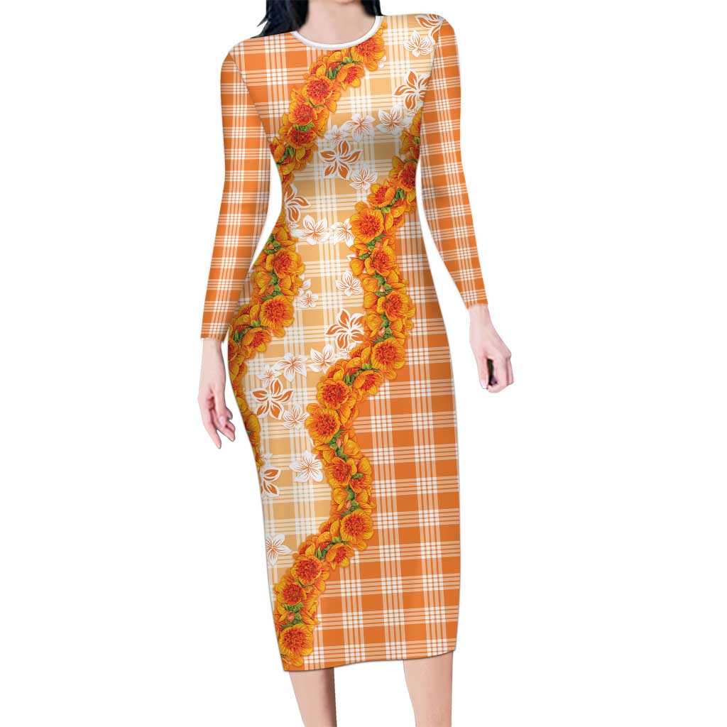 Orange Hawaii Palaka Family Matching Long Sleeve Bodycon Dress and Hawaiian Shirt Hawaiian Ilima Lei LT05 Mom's Dress Orange - Polynesian Pride