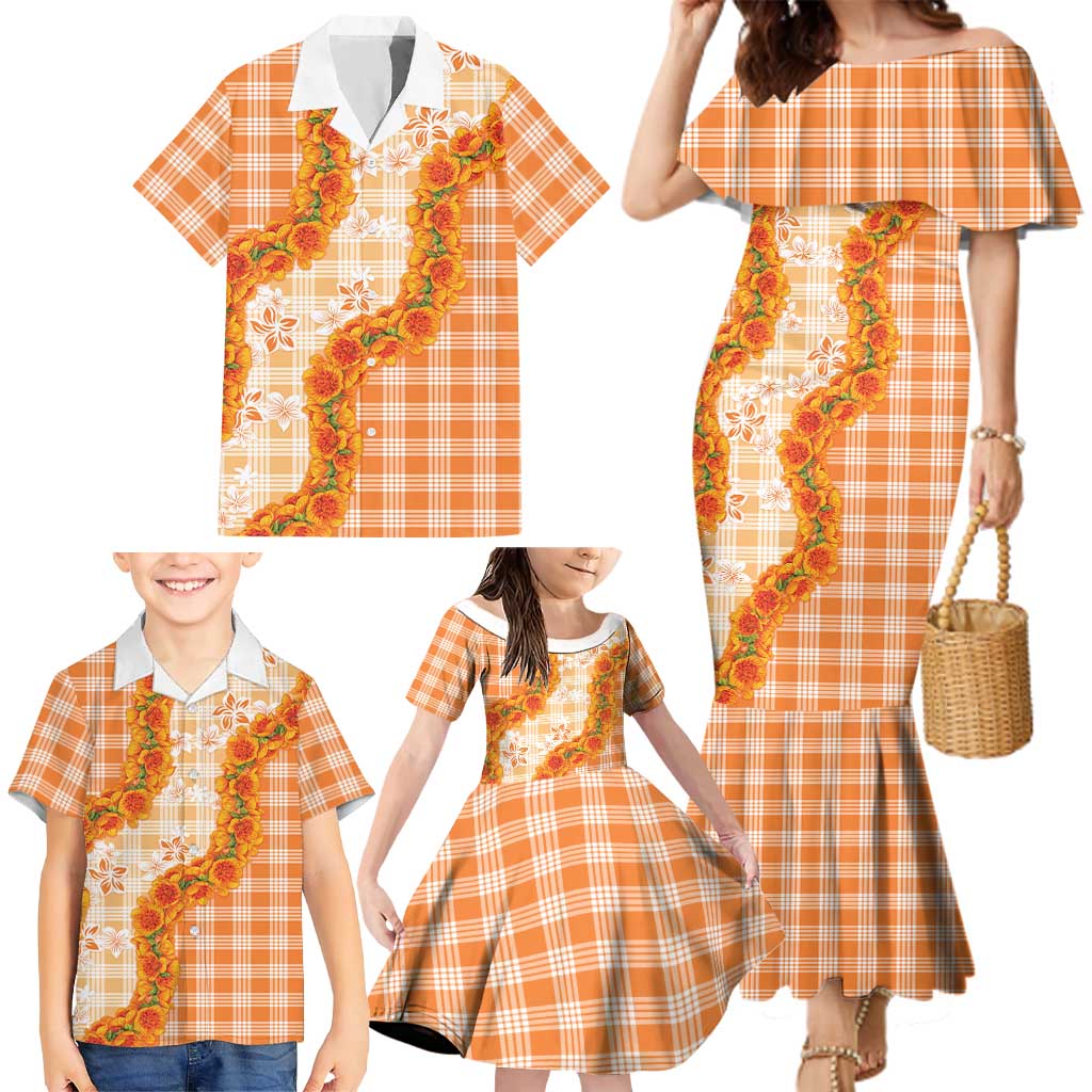 Orange Hawaii Palaka Family Matching Mermaid Dress and Hawaiian Shirt Hawaiian Ilima Lei