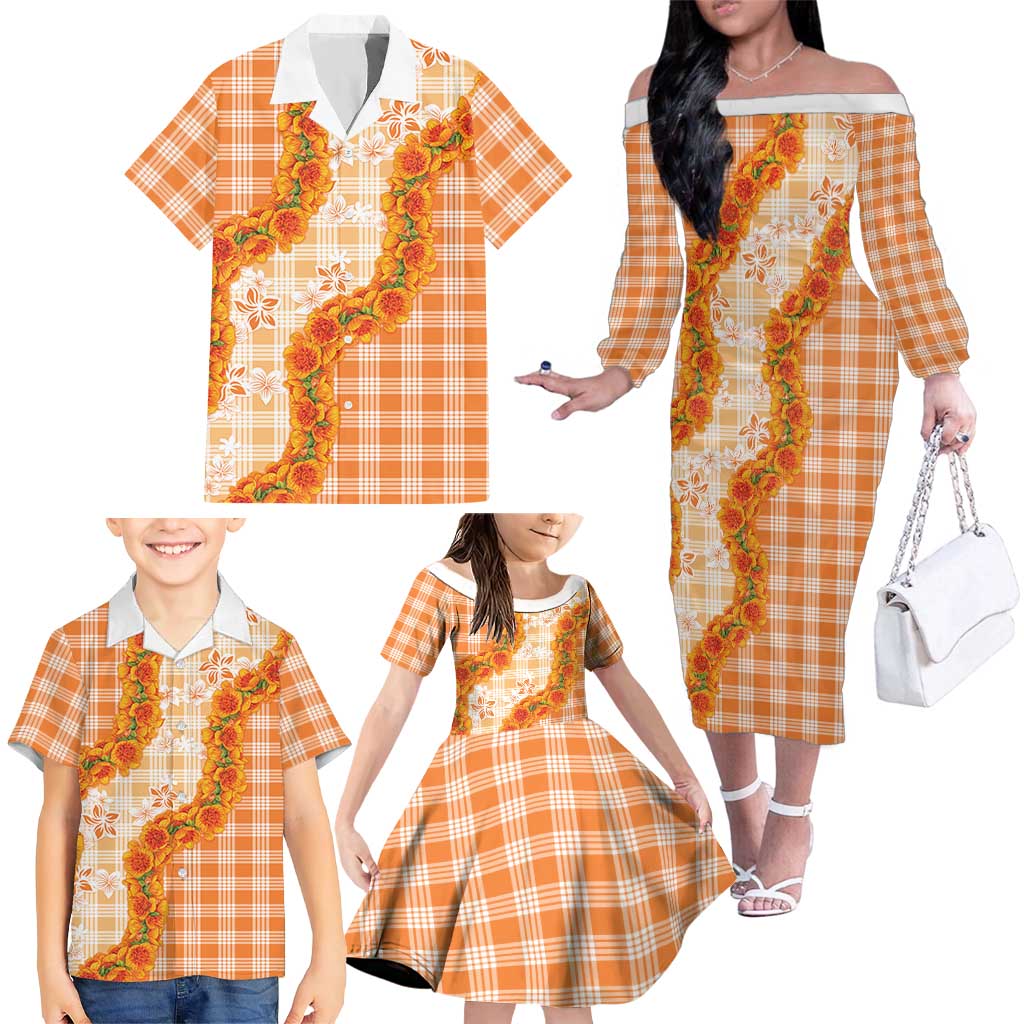 Orange Hawaii Palaka Family Matching Off The Shoulder Long Sleeve Dress and Hawaiian Shirt Hawaiian Ilima Lei LT05 - Polynesian Pride
