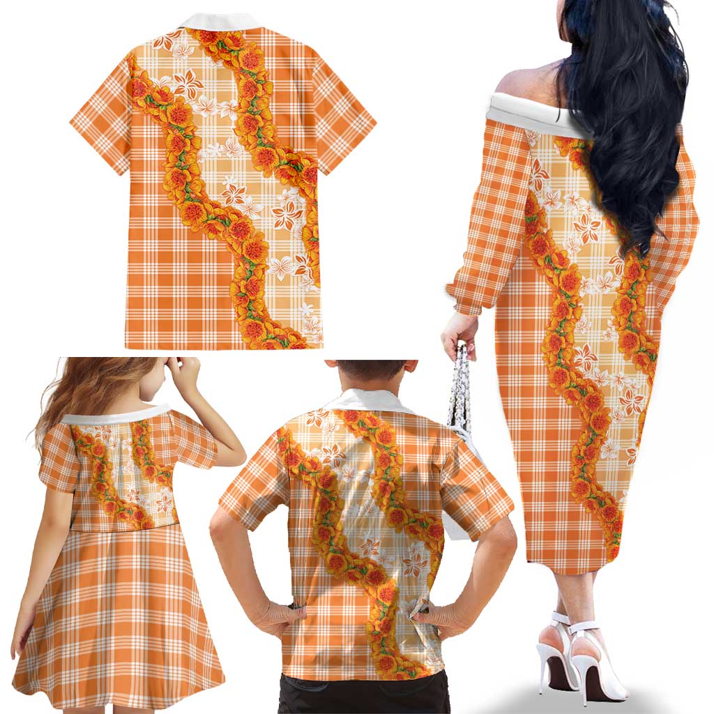 Orange Hawaii Palaka Family Matching Off The Shoulder Long Sleeve Dress and Hawaiian Shirt Hawaiian Ilima Lei LT05 - Polynesian Pride