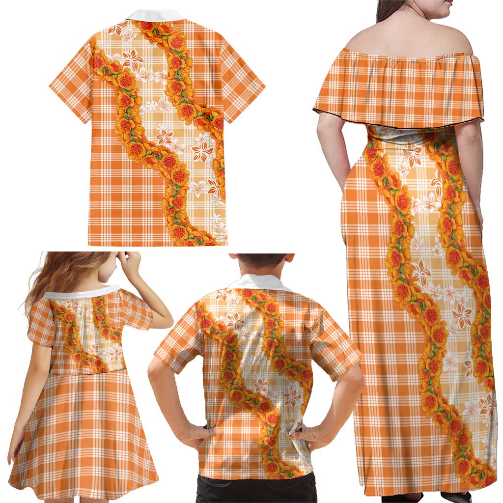 Orange Hawaii Palaka Family Matching Off Shoulder Maxi Dress and Hawaiian Shirt Hawaiian Ilima Lei LT05 - Polynesian Pride
