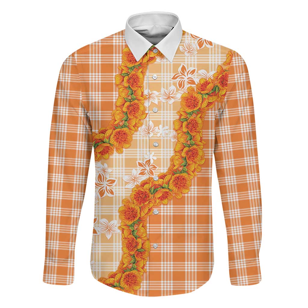 Orange Hawaii Palaka Family Matching Off Shoulder Maxi Dress and Hawaiian Shirt Hawaiian Ilima Lei LT05 Dad's Shirt - Long Sleeve Orange - Polynesian Pride