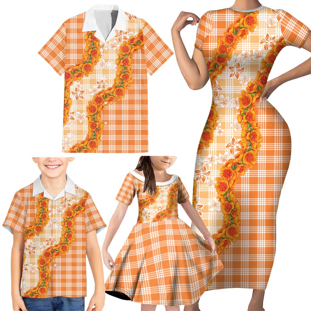 Orange Hawaii Palaka Family Matching Short Sleeve Bodycon Dress and Hawaiian Shirt Hawaiian Ilima Lei