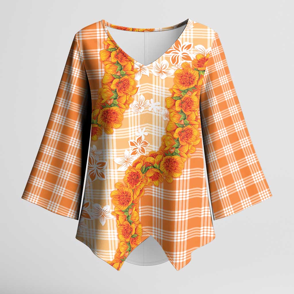 Orange Hawaii Palaka Kimono Sleeve Blouse Hawaiian Ilima Lei