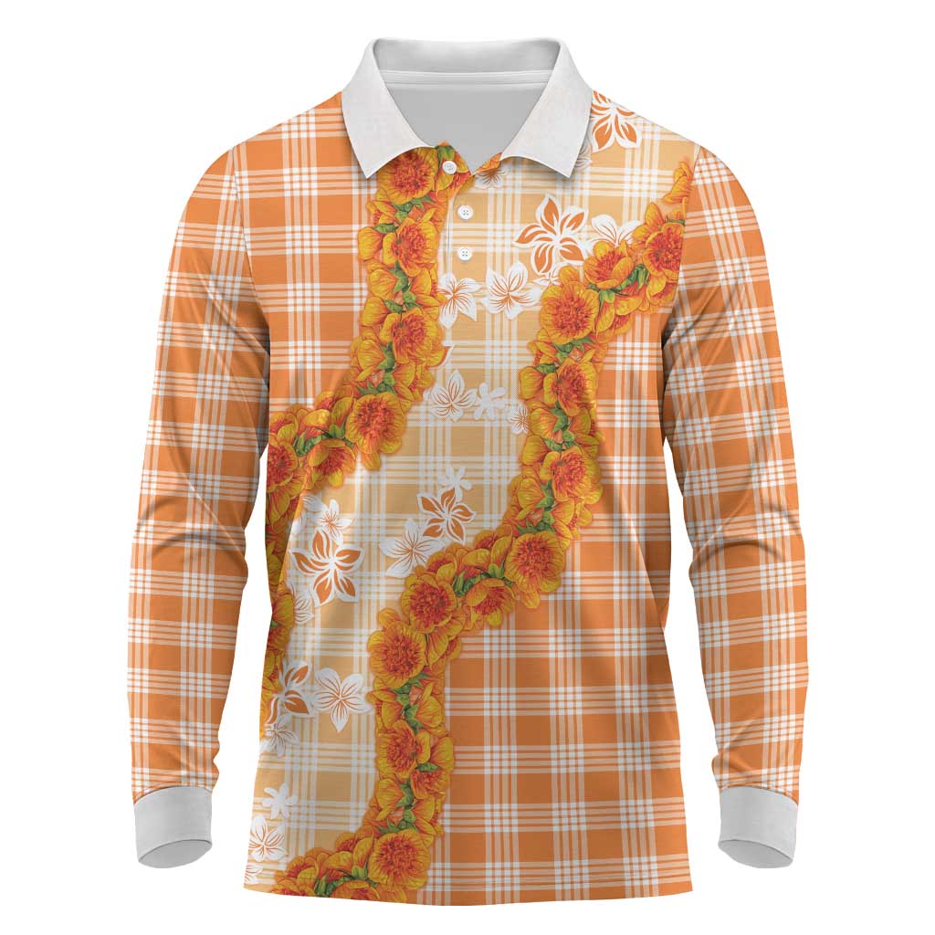 Orange Hawaii Palaka Long Sleeve Polo Shirt Hawaiian Ilima Lei LT05 Orange - Polynesian Pride