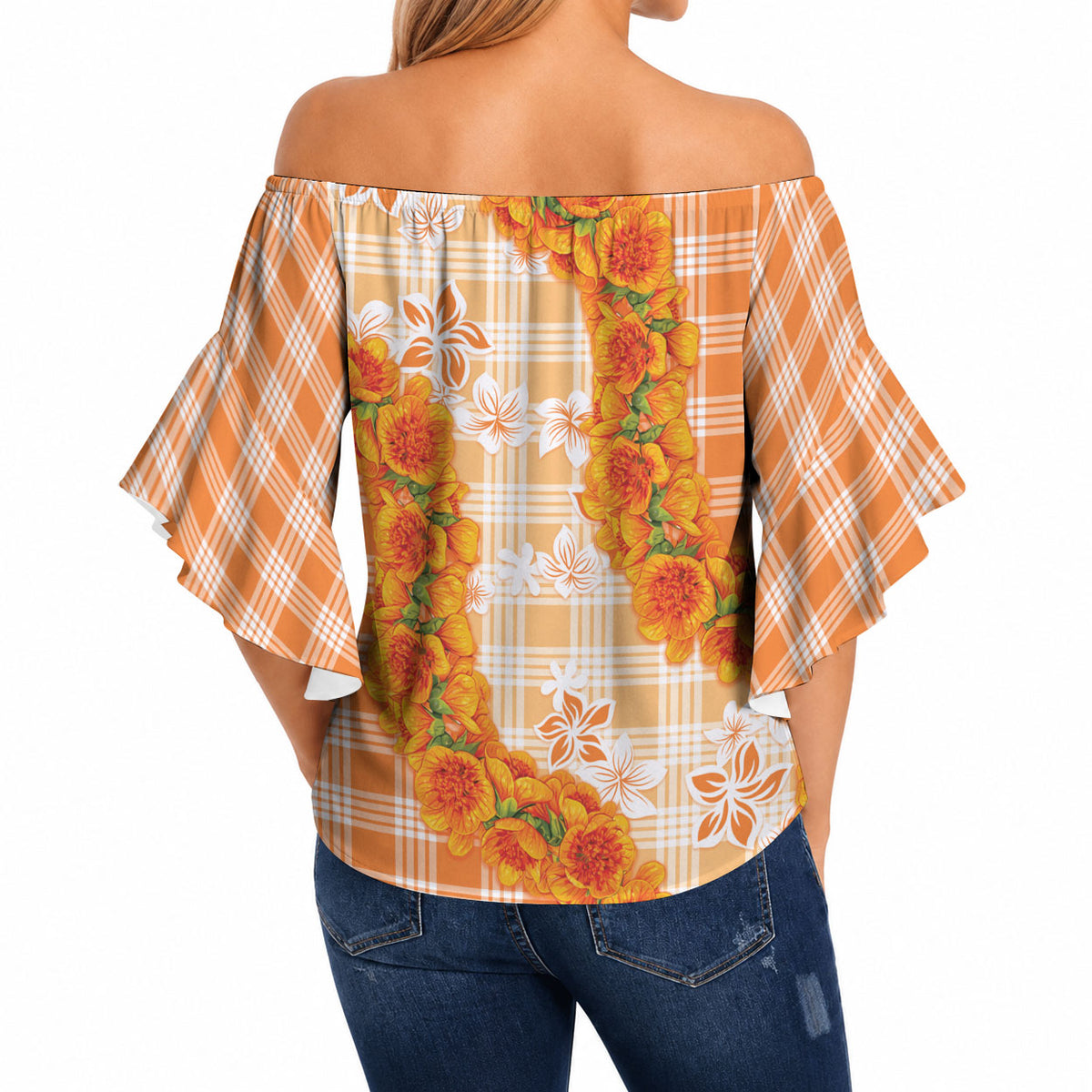 Orange Hawaii Palaka Off Shoulder Wrap Waist Top Hawaiian Ilima Lei LT05 - Polynesian Pride
