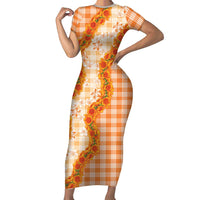 Orange Hawaii Palaka Short Sleeve Bodycon Dress Hawaiian Ilima Lei LT05 Long Dress Orange - Polynesian Pride