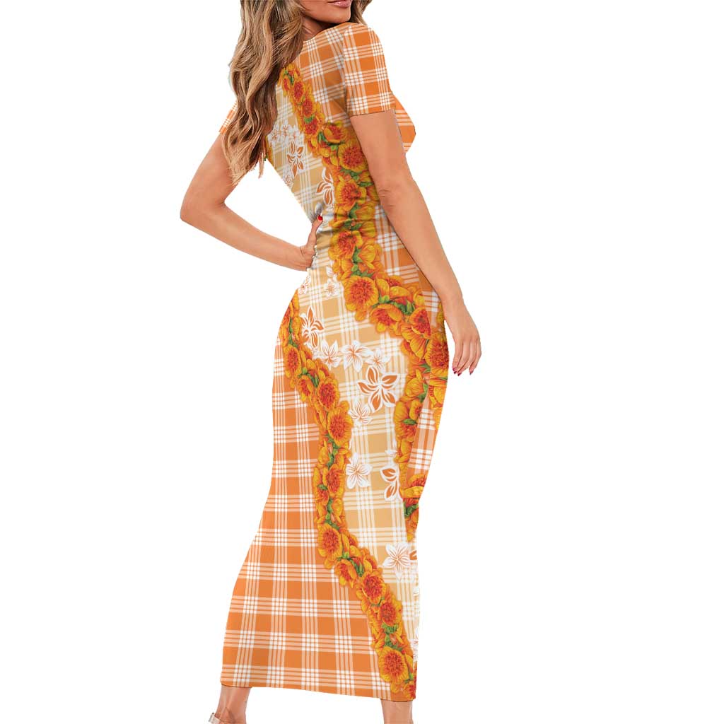 Orange Hawaii Palaka Short Sleeve Bodycon Dress Hawaiian Ilima Lei LT05 - Polynesian Pride
