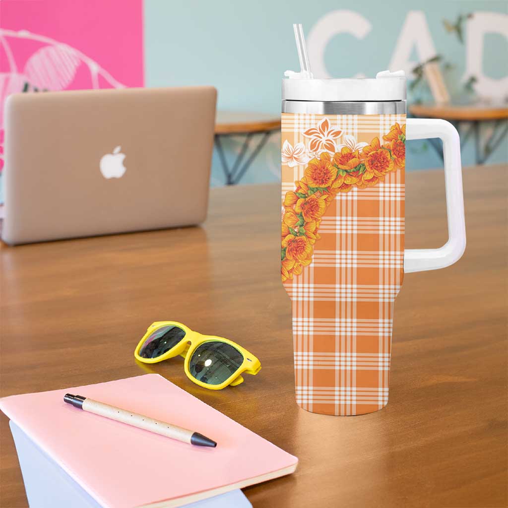 Orange Hawaii Palaka Tumbler With Handle Hawaiian Ilima Lei