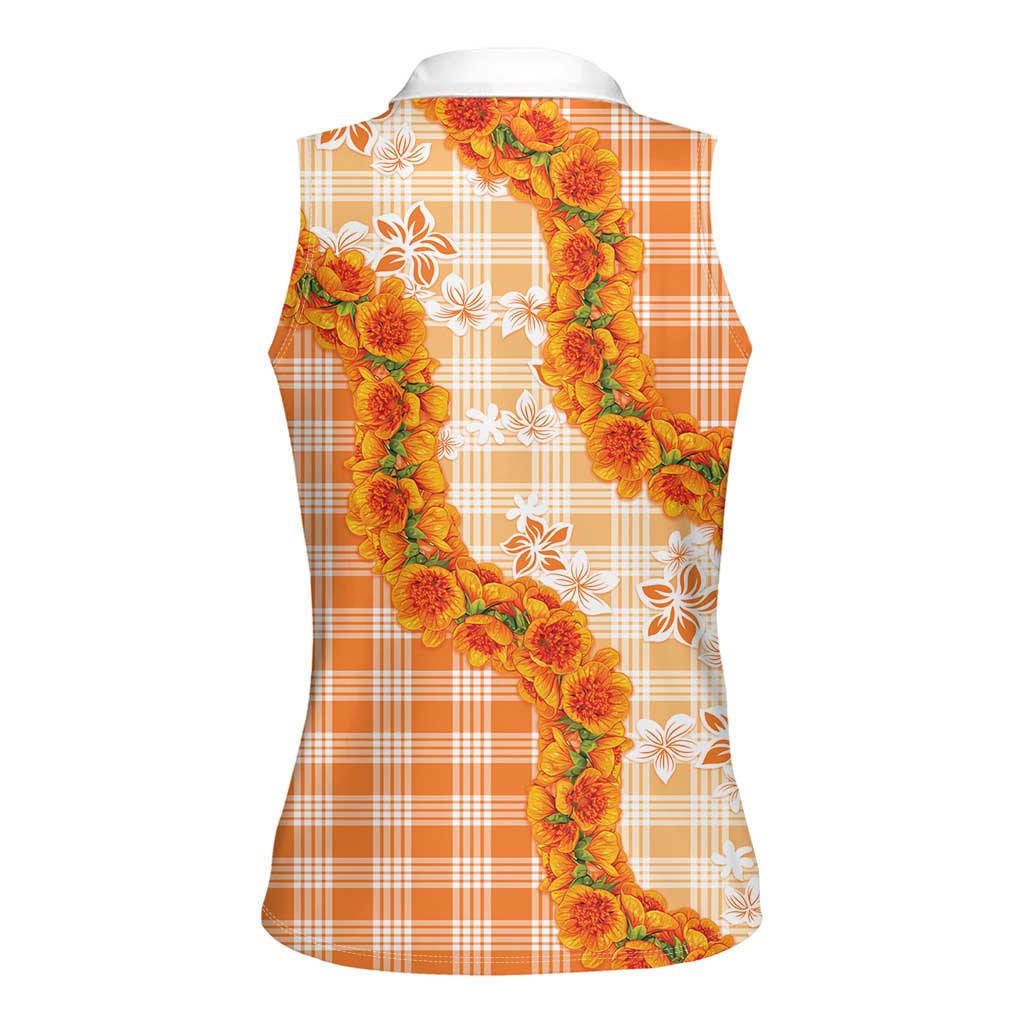 Orange Hawaii Palaka Women Sleeveless Polo Shirt Hawaiian Ilima Lei