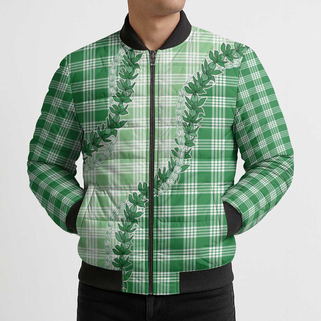 Green Hawaii Palaka Bomber Puffer Jacket Hawaiian Pikake Lei