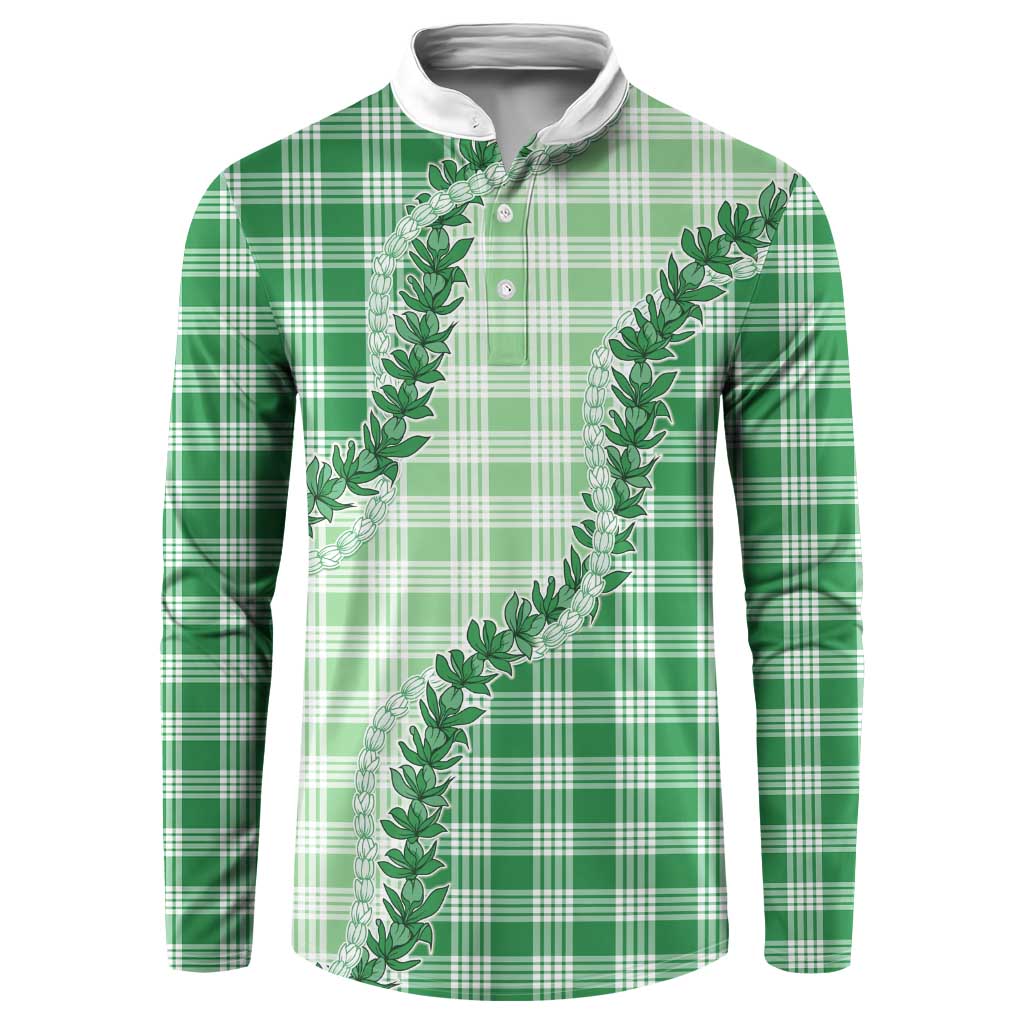 Green Hawaii Palaka Button Sweatshirt Hawaiian Pikake Lei