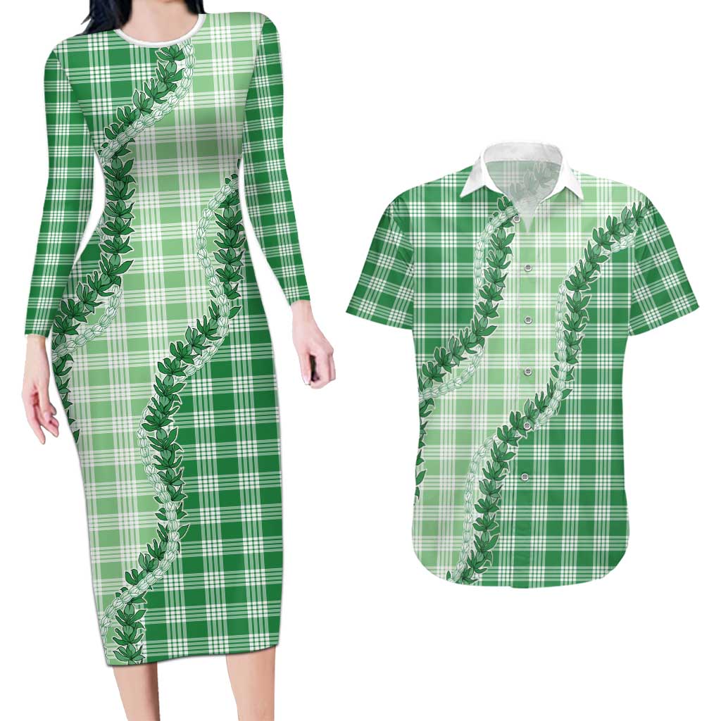 Green Hawaii Palaka Couples Matching Long Sleeve Bodycon Dress and Hawaiian Shirt Hawaiian Pikake Lei