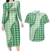 Green Hawaii Palaka Couples Matching Long Sleeve Bodycon Dress and Hawaiian Shirt Hawaiian Pikake Lei LT05 Green - Polynesian Pride