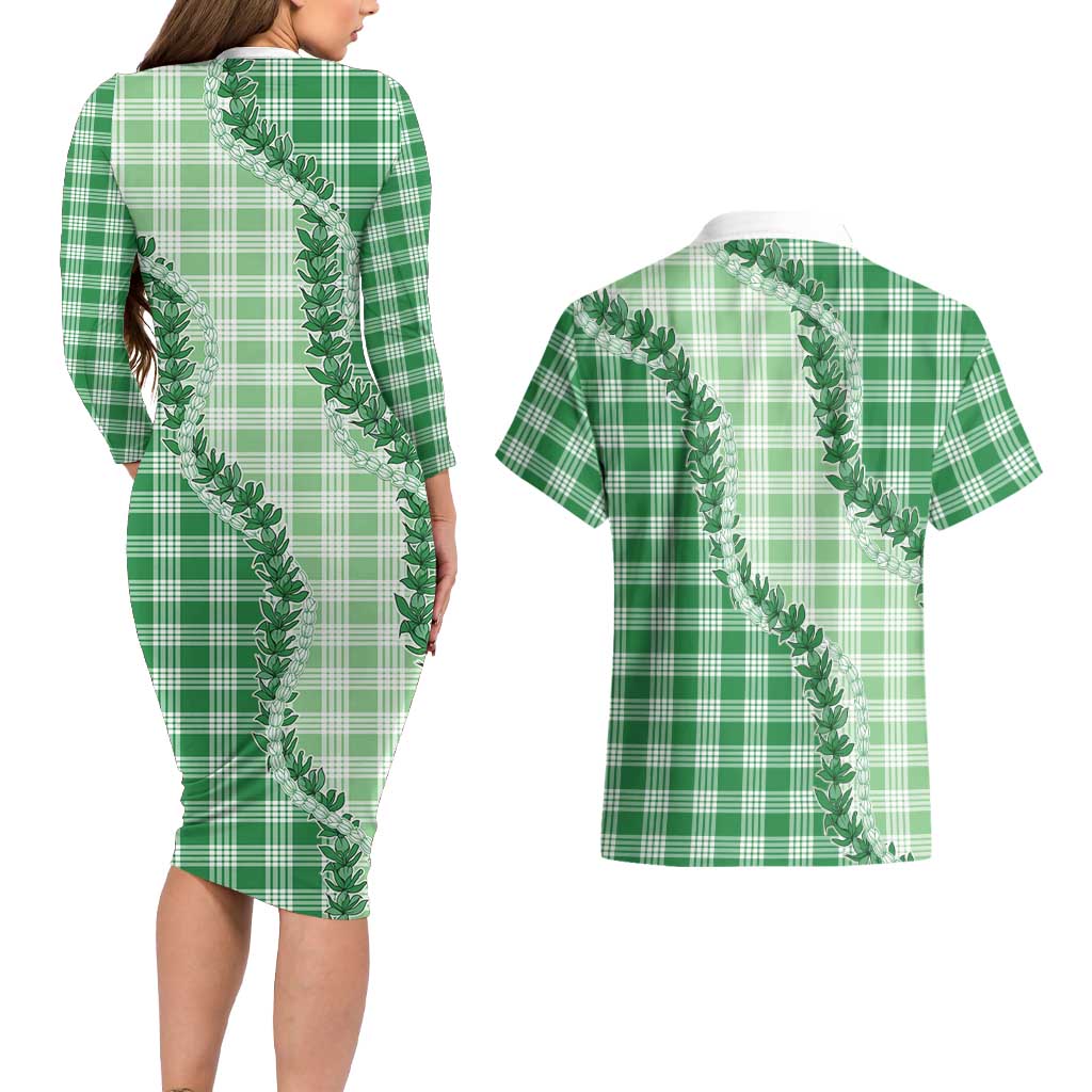 Green Hawaii Palaka Couples Matching Long Sleeve Bodycon Dress and Hawaiian Shirt Hawaiian Pikake Lei LT05 - Polynesian Pride