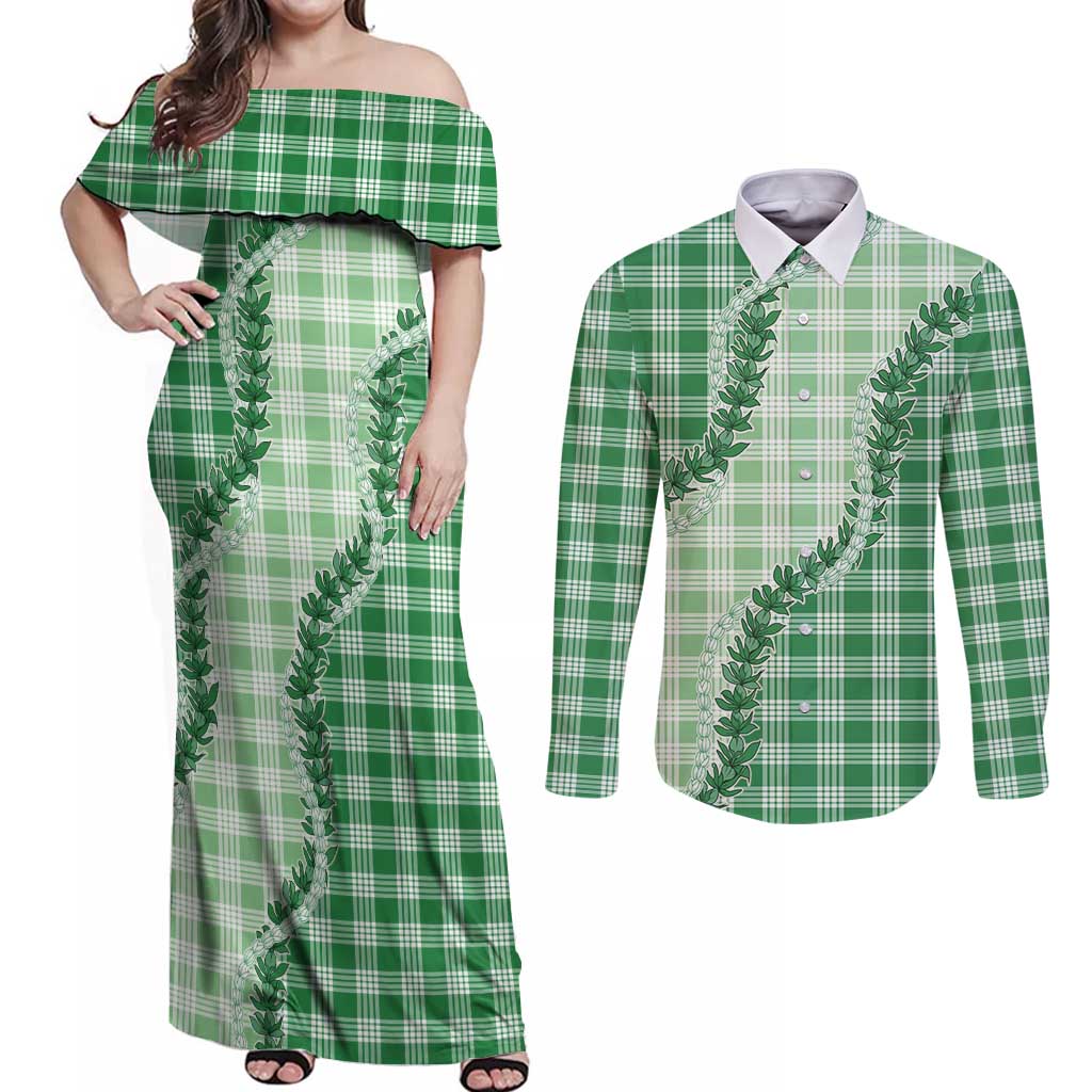 Green Hawaii Palaka Couples Matching Off Shoulder Maxi Dress and Long Sleeve Button Shirt Hawaiian Pikake Lei