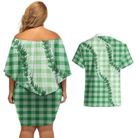 Green Hawaii Palaka Couples Matching Off Shoulder Short Dress and Hawaiian Shirt Hawaiian Pikake Lei LT05 - Polynesian Pride