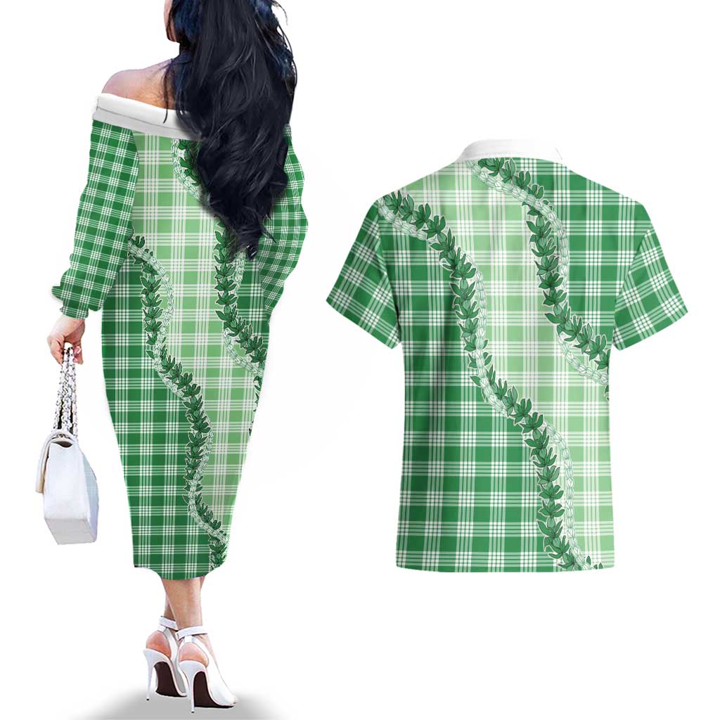Green Hawaii Palaka Couples Matching Off The Shoulder Long Sleeve Dress and Hawaiian Shirt Hawaiian Pikake Lei LT05 - Polynesian Pride