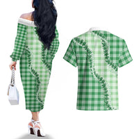 Green Hawaii Palaka Couples Matching Off The Shoulder Long Sleeve Dress and Hawaiian Shirt Hawaiian Pikake Lei LT05 - Polynesian Pride
