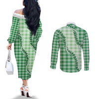 Green Hawaii Palaka Couples Matching Off The Shoulder Long Sleeve Dress and Long Sleeve Button Shirt Hawaiian Pikake Lei LT05 - Polynesian Pride