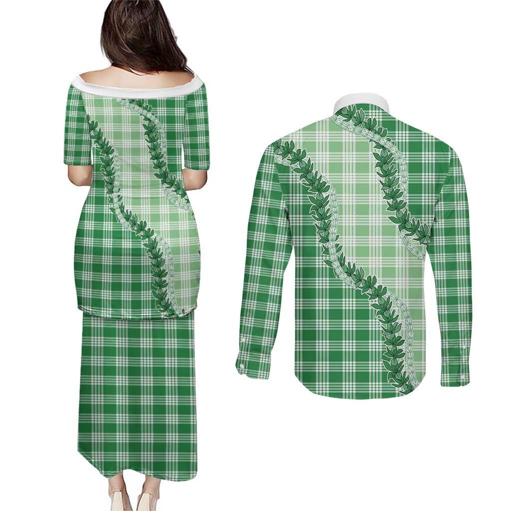 Green Hawaii Palaka Couples Matching Puletasi and Long Sleeve Button Shirt Hawaiian Pikake Lei