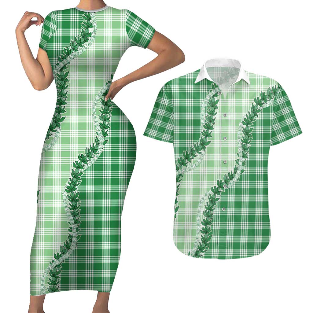 Green Hawaii Palaka Couples Matching Short Sleeve Bodycon Dress and Hawaiian Shirt Hawaiian Pikake Lei LT05 Green - Polynesian Pride
