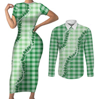 Green Hawaii Palaka Couples Matching Short Sleeve Bodycon Dress and Long Sleeve Button Shirt Hawaiian Pikake Lei LT05 Green - Polynesian Pride