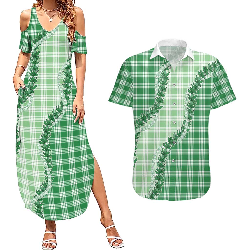 Green Hawaii Palaka Couples Matching Summer Maxi Dress and Hawaiian Shirt Hawaiian Pikake Lei LT05 Green - Polynesian Pride
