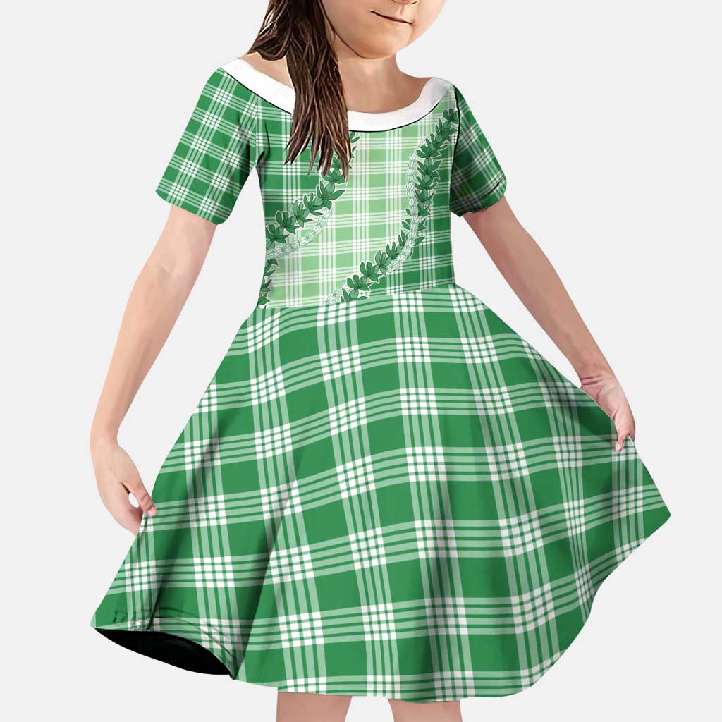 Green Hawaii Palaka Family Matching Off The Shoulder Long Sleeve Dress and Hawaiian Shirt Hawaiian Pikake Lei LT05 Daughter's Dress Green - Polynesian Pride