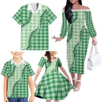 Green Hawaii Palaka Family Matching Off The Shoulder Long Sleeve Dress and Hawaiian Shirt Hawaiian Pikake Lei LT05 - Polynesian Pride