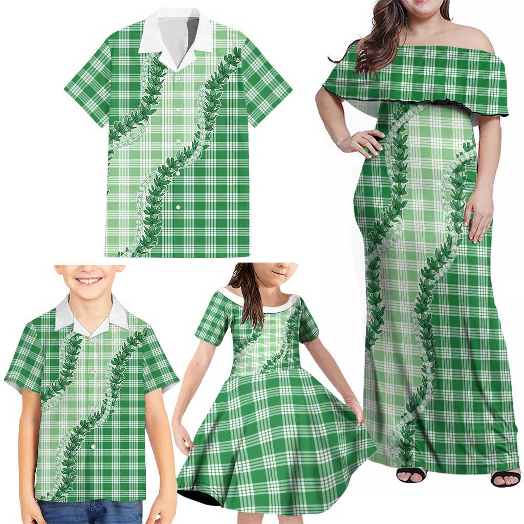 Green Hawaii Palaka Family Matching Off Shoulder Maxi Dress and Hawaiian Shirt Hawaiian Pikake Lei LT05 - Polynesian Pride