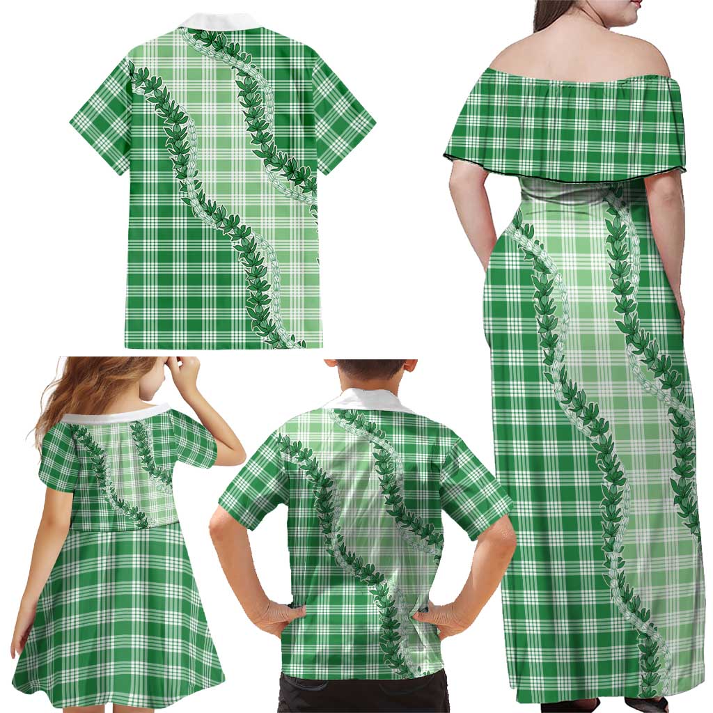 Green Hawaii Palaka Family Matching Off Shoulder Maxi Dress and Hawaiian Shirt Hawaiian Pikake Lei LT05 - Polynesian Pride