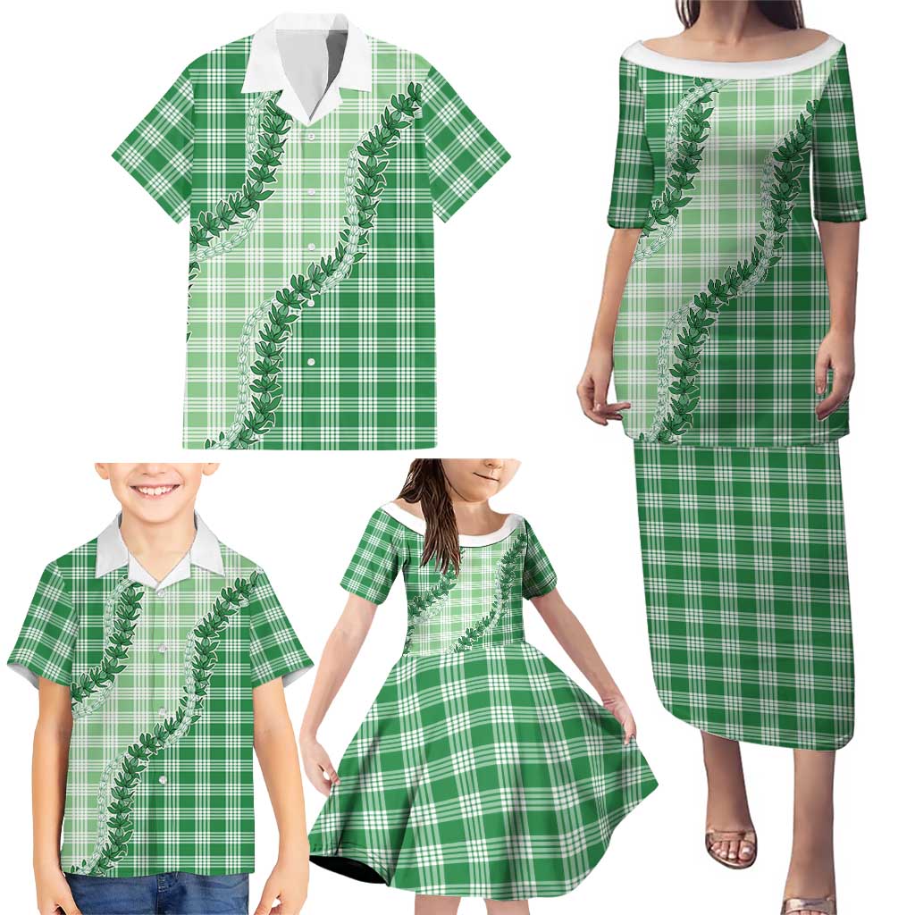 Green Hawaii Palaka Family Matching Puletasi and Hawaiian Shirt Hawaiian Pikake Lei LT05 - Polynesian Pride