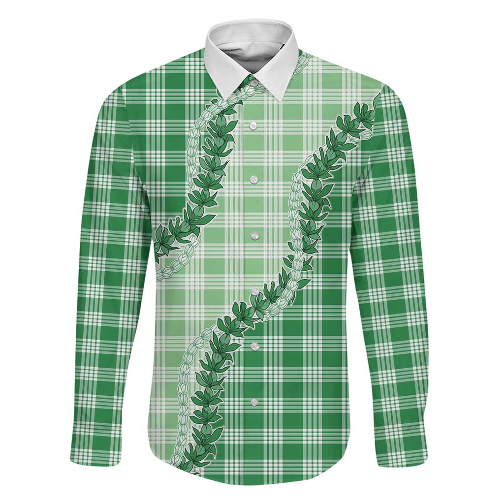 Green Hawaii Palaka Family Matching Puletasi and Hawaiian Shirt Hawaiian Pikake Lei LT05 Dad's Shirt - Long Sleeve Green - Polynesian Pride