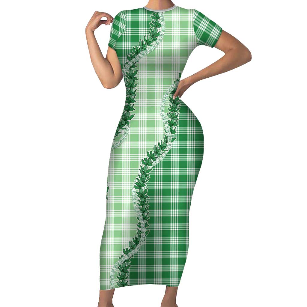 Green Hawaii Palaka Family Matching Short Sleeve Bodycon Dress and Hawaiian Shirt Hawaiian Pikake Lei LT05 Mom's Dress Green - Polynesian Pride