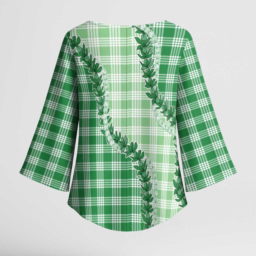 Green Hawaii Palaka Kimono Sleeve Blouse Hawaiian Pikake Lei